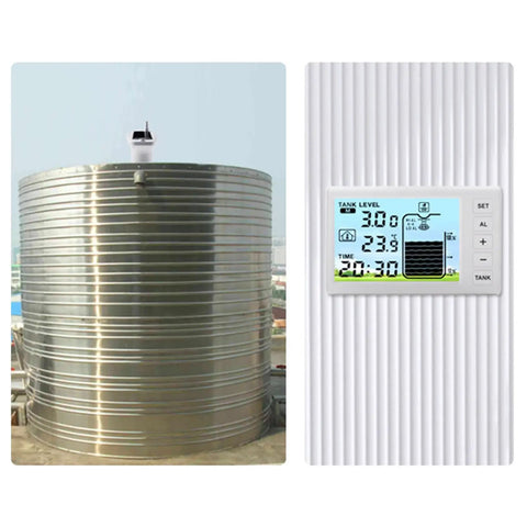 Smart Ultrasonic Water Level Sensor For Home Use Cordless Liquid Level Detector mounted on large metal water tank with digital display