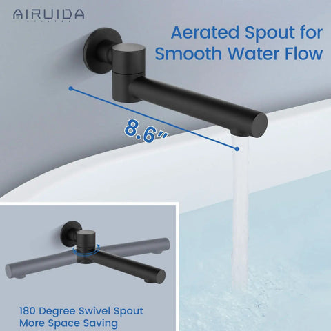 Matte Black Shower System With 8 Inch Round Rain Shower Head 3 Function Faucet Tub Spout Handheld Spray Rough In Valve No Fuss Install Water Saving Design For A Spa Like Shower featuring 8.6 inch aerated tub spout with 180 swivel