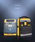 AED storage bags: yellow STMKB defibrillator pouch with clear front; yellow-black AED case with reflective strips.