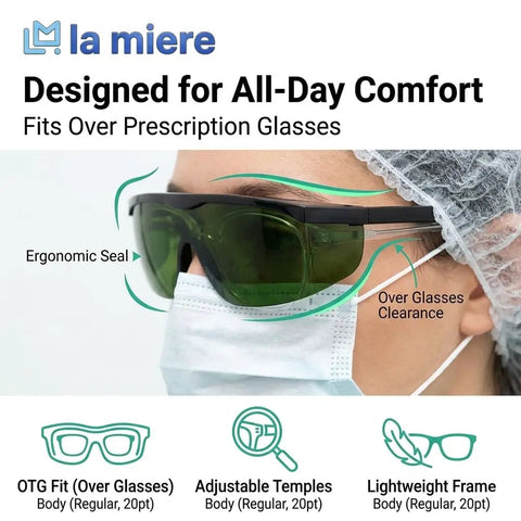 Tough As Nails Laser Safety Glasses Dark Green Anti Fog Coating Polycarbonate Frame For Dental Work shown on person in mask.