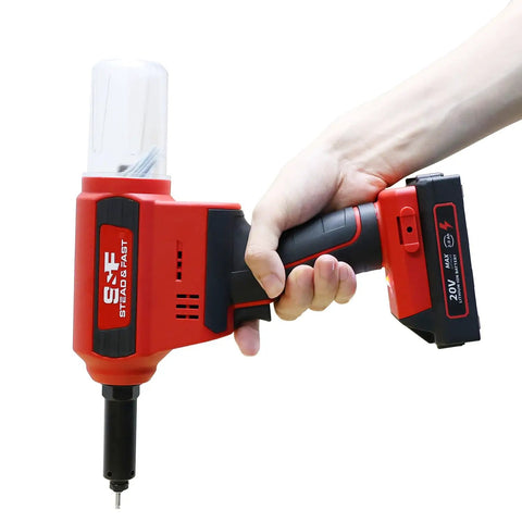 Person holding Brushless Cordless Rivet Gun Kit 1 Eighth Inch To 1 Quarter Inch Heavy Duty Pro Grade with dual lithium batteries