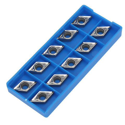 10pc CNC Lathe Inserts Blade Cutter Set For Turning Tool DCGT11T304AK H01 And DCGT3251AK H01 in blue tray, ultra hard carbide