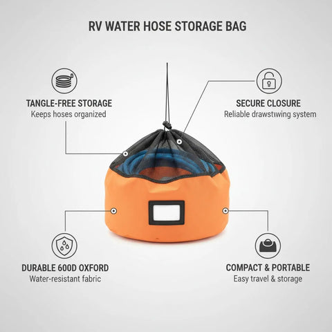 Heavy-Duty RV Water Hose Storage Bag With Secure Closure, orange 600D Oxford organizer with tangle-free storage, compact 7.9 x 7.1 inch