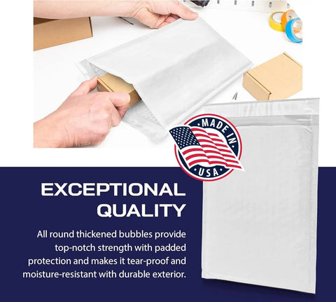Person packing item into 200 Pack Waterproof Poly Bubble Mailers 8.5 X 12 Inches With Built Tough, Heavy Duty Build And Instant Seal.