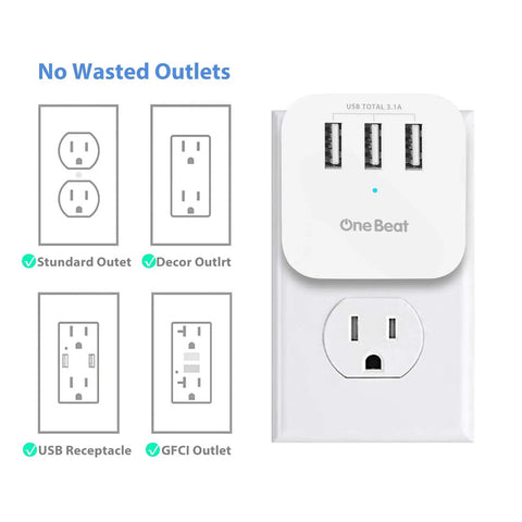 Travel Ready Three Outlet Extender With Three USB Ports And Built In Surge Protector, Compact Wall Plug Power Hub For Home Office And On The Go, Safe Charging For Phones, Tablets, And More
