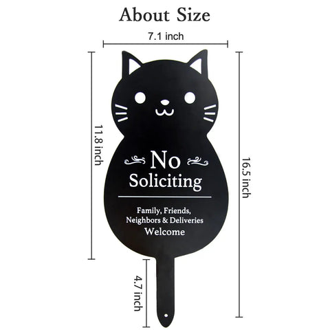 No Soliciting Sign For Home And Yard, Funny Black Cat Metal Sign, 16.5 By 7.1 Inches, with measurement details.