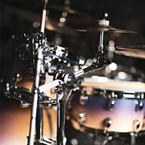 Chrome Cymbal Clamp With Adjustable Boom Arm Featuring Fastclamp System And Quick Tilter Fits Standard Drum Pipes in use on stage.