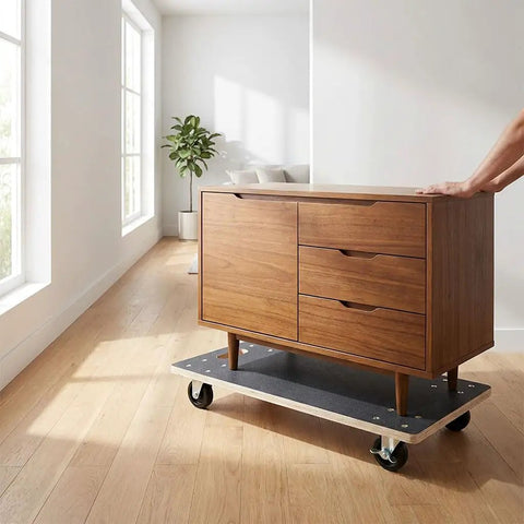 Heavy Duty 1320 LB Furniture Dolly With Four Swivel Casters Non Slip Plywood Platform transporting wooden cabinet indoors.