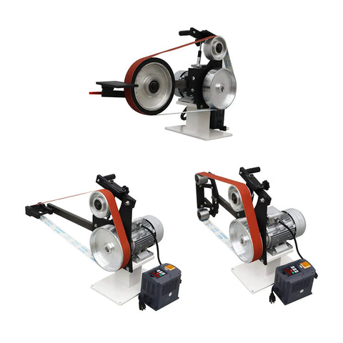 Industrial Workhorse Variable Speed Belt Sander 71 Inch Knife Grinder with three heavy duty wheels for metal and wood finishing.