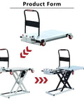 No Sweat Hydraulic Scissor Lift Platform And Portable Flatbed Dolly With Four Heavy Duty Swivel Wheels showing different positions and uses.