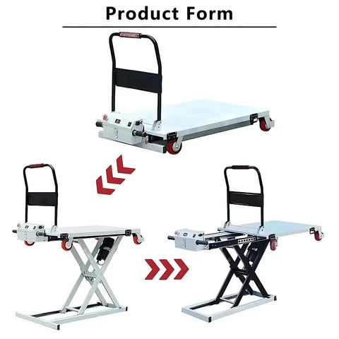 No Sweat Hydraulic Scissor Lift Platform And Portable Flatbed Dolly With Four Heavy Duty Swivel Wheels showing different positions and uses.
