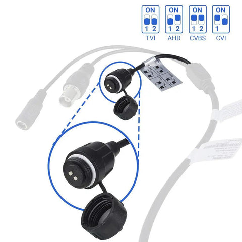 2 MP 4 In 1 AHD CVI TVI Analog Turret Dome Security Camera cable connections detailing output compatibility