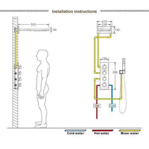 Installation diagram for Slick Matte Black Wall Mounted Bathroom Shower Set with Solid Copper Body and thermostatic control.