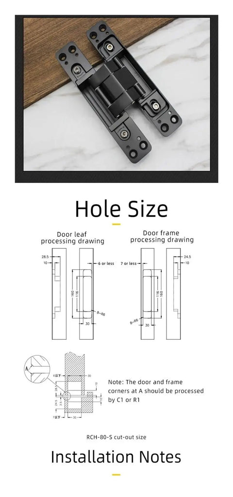 Two Pack 80Kg Three Way Adjustable Concealed Door Hinge For Wood Doors, Square Matte Finish illustrated on marble and wood
