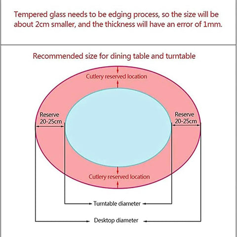Diagram showing recommended sizes for Rock Solid Tempered Glass Lazy Susan Rotating Serving Tray King Size for dining tables.