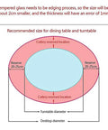 Diagram showing recommended size for Thick Tempered Glass Lazy Susan Turntable for Parties and Weddings using diameter measurements.