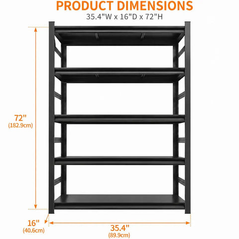 Heavy Duty 5 Tier Garage Shelving Unit With Anti Fall Rails Steel Industrial Shelving 3000 Lbs Capacity Adjustable Shelves 72 Inch Long Black Storage Rack For Tools Equipment Garage And Basement, 35.4W x 16D x 72H