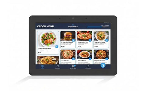 Dope AI Powered 10 Inch Touchscreen All In One Development Board With Six Tops NPU displaying a digital restaurant menu.