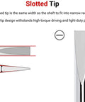 Slotted tip detail of High-Torque Black Oxide Blade Screwdriver Set, 16-Piece, with illustrations of tip width and angle.