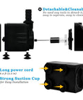 Exploded view of 160GPH Whisper Quiet Submersible Fountain Pump with detachable parts, showing suction cups and long power cord.