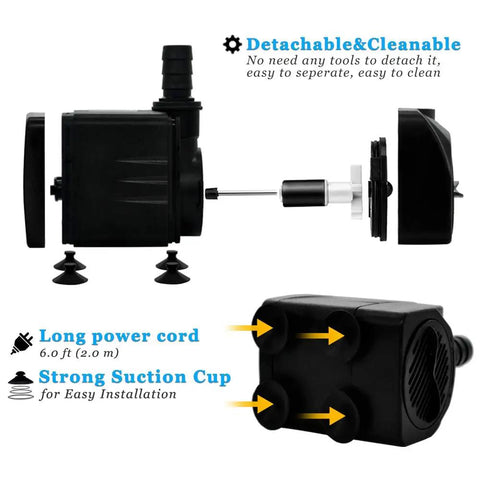 Exploded view of 160GPH Whisper Quiet Submersible Fountain Pump with detachable parts, showing suction cups and long power cord.