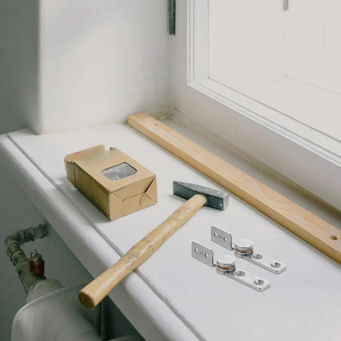 2 Pack Stainless Steel Heavy Duty Torque Friction Hinges With Damping 2.0Nm on windowsill with hammer and wood strip