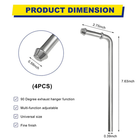 Product dimensions of Beefy 4-Piece 90 Degree Exhaust Hanger Rod Kit, 3/8 x 7.6 Inch Bent Hanger with measurements highlighting size.
