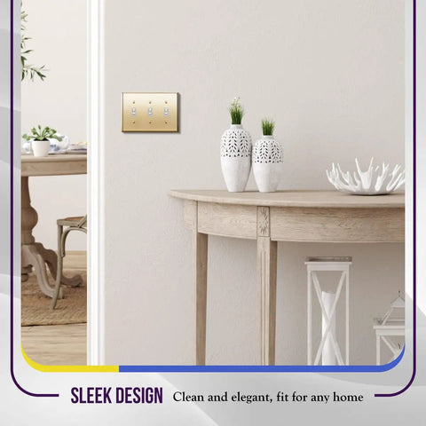 Toggle Light Switch Wall Plate, Metal 3-Gang 4.50 x 6.38 Inches, Brass Gold Finish, installed on a light wall in an interior setting.