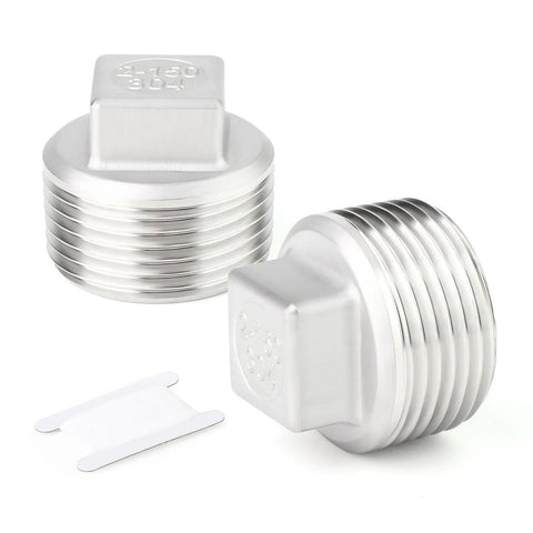 Two Pack Outer Square Thread Socket Pipe Plug Fitting 2 Inch NPT Male 304 Stainless Steel Corrosion Resistant