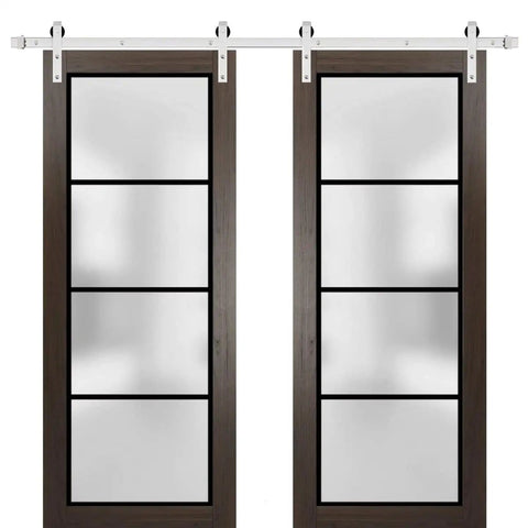 Built Tough Double Barn Door With Frosted Glass In Chocolate Ash Finish Interior Sliding Door With 13 Feet Silver Rail System