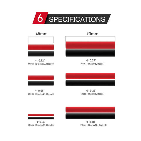 Specifications chart for 270 Piece 3 To 1 Dual Wall Adhesive Heat Shrink Tubing Kit with sizes from 1/16 to 1/4 inch.