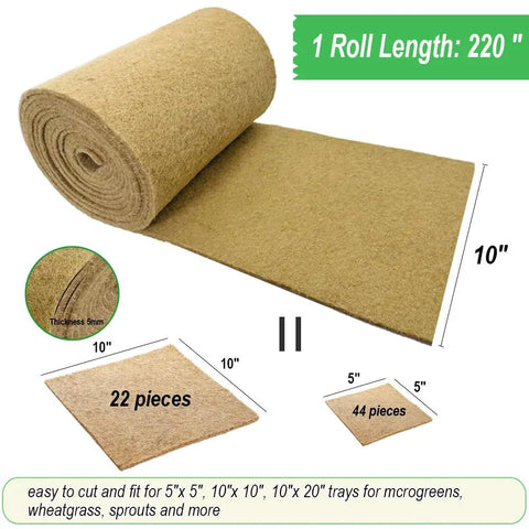 Jute Microgreens Growing Mat Roll For Hydroponic Trays 10 Inch By 220 Inch Seed Germination Pad showing mat roll and cut pieces