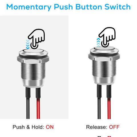 Diagrams showing 12mm Momentary Push Button Switch Kit, 10 Pack, Waterproof, Prewired Mini Round Power Buttons for Cars and Boats, DC 12V 2A
