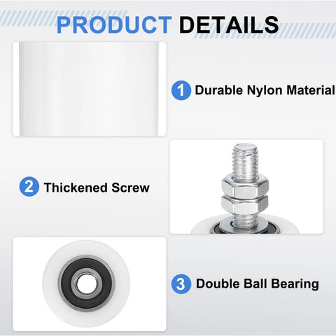 2 Pack Slide Gate Guide Rollers 2 Inch Diameter By 2.75 Inch Length Nylon Wheels With Sealed Ball Bearings For Sliding Doors Gate Support Assembly White M12 Thread Size, product details view