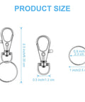 Heavy Duty 104 Piece Swivel Snap Hooks With Silver Lobster Claw Clasps And Keychain Rings For Diy Craft Projects, showing size dimensions.