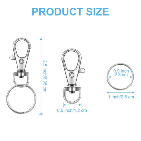 Heavy Duty 104 Piece Swivel Snap Hooks With Silver Lobster Claw Clasps And Keychain Rings For Diy Craft Projects, showing size dimensions.