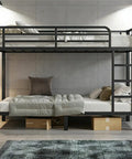Straight Up Heavy Duty Twin XL Over Twin XL Metal Bunk Bed Built Tough With Secure Guardrails And Industrial Grade Steel For Adults Teens Or Kids Zero Creaking Black Frame Needs No Box Spring, showcasing two twin XL mattresses.