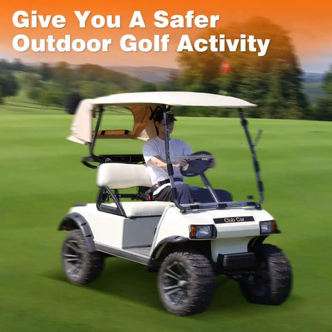 Golf cart on green field showcasing 40 Inch Retractable Golf Cart Seat Belts Kit Universal Fit For Club Car EZGO Yamaha 2 Pack