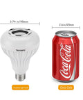 LED Light Bulb Bluetooth Speaker With RGB Color Changing Lamp 6W E26 Smart Bulb next to 12 oz Coca-Cola can for size comparison.