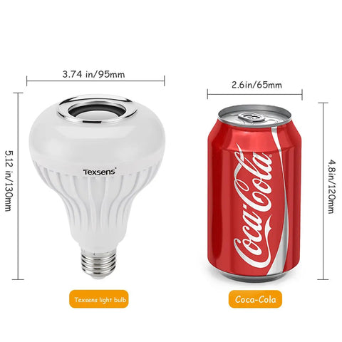 LED Light Bulb Bluetooth Speaker With RGB Color Changing Lamp 6W E26 Smart Bulb next to 12 oz Coca-Cola can for size comparison.