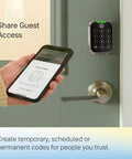 Dead Nuts Smart Deadbolt Featuring Zwave Connectivity And Touchscreen Keypad For Keyless Entry Remote Unlocking And Straight Up Simple Smart Home Setup In Black Suede Finish, displayed with smartphone sharing access codes.