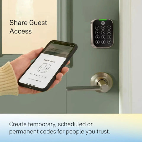 Dead Nuts Smart Deadbolt Featuring Zwave Connectivity And Touchscreen Keypad For Keyless Entry Remote Unlocking And Straight Up Simple Smart Home Setup In Black Suede Finish, displayed with smartphone sharing access codes.