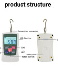 Portable Digital Force Meter 100N Push Pull Tester For Industrial Use With Three Measurement Modes And Four Unit Options High Accuracy Sensor Compact Handy For Field And Lab Tests front and back view with hooks