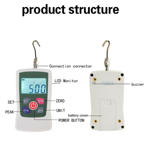 Portable Digital Force Meter 100N Push Pull Tester For Industrial Use With Three Measurement Modes And Four Unit Options High Accuracy Sensor Compact Handy For Field And Lab Tests front and back view with hooks