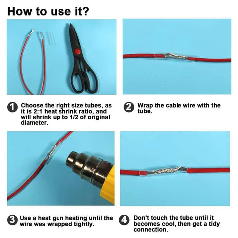Steps to use 625 Piece Clear Heat Shrink Tubing Kit With Two To One Ratio Eight Sizes Wire Wrap Insulation Sleeve Set