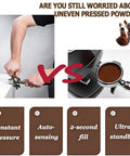 Next Level Automatic Espresso Tamper For 58Mm Portafilters showing hand pressing coffee vs automatic tamper features.