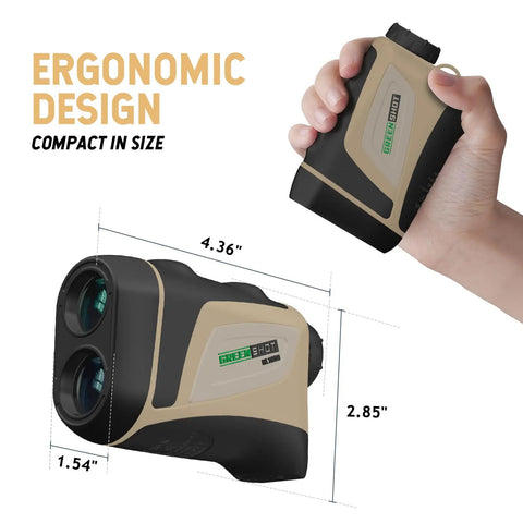 Game Changer Range Finder For Hunting And Golf 1200 Yard Range With 6X Magnification Waterproof in hand showing size dimensions