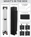 10x10 Pop Up Canopy Tent With One Button Push Setup Heavy Duty Outdoor Shelter Portable Roller Bag Three Adjustable Heights Includes Four Weight Bags Eight Stakes And Four Guy Ropes Black displayed contents include steel frame, storage bag, top, sandbags, stakes, and ropes.