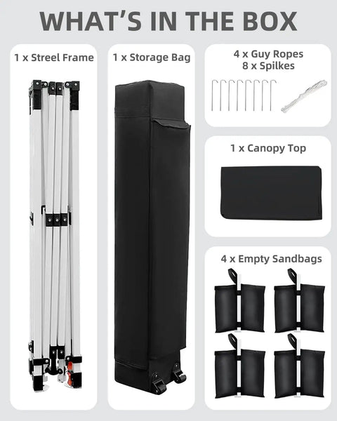 10x10 Pop Up Canopy Tent With One Button Push Setup Heavy Duty Outdoor Shelter Portable Roller Bag Three Adjustable Heights Includes Four Weight Bags Eight Stakes And Four Guy Ropes Black displayed contents include steel frame, storage bag, top, sandbags, stakes, and ropes.