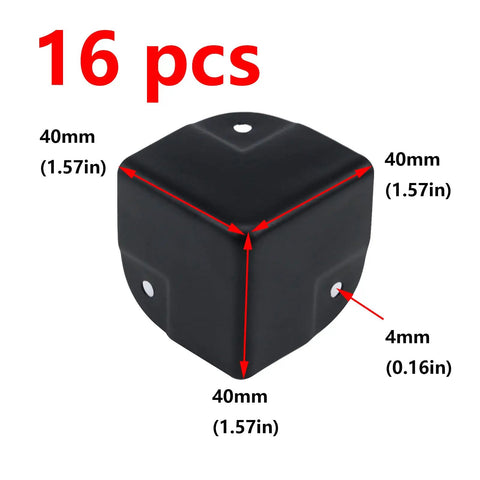 16 Pack Real Deal Metal Corner Protectors For Cabinets And Boxes Chrome Plated Heavy Duty Edge Guards with size dimensions shown.